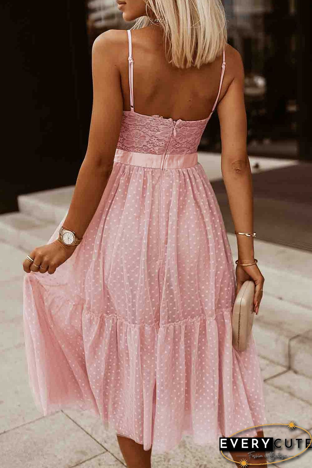 Pink Lace Crochet Polka Dot Patchwork Pleated Cami Dress