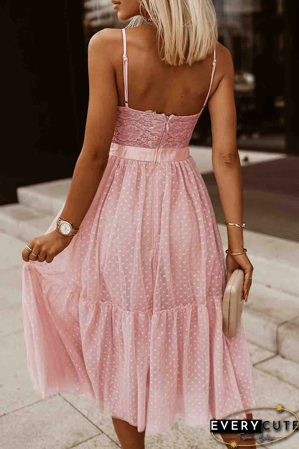 Pink Lace Crochet Polka Dot Patchwork Pleated Cami Dress