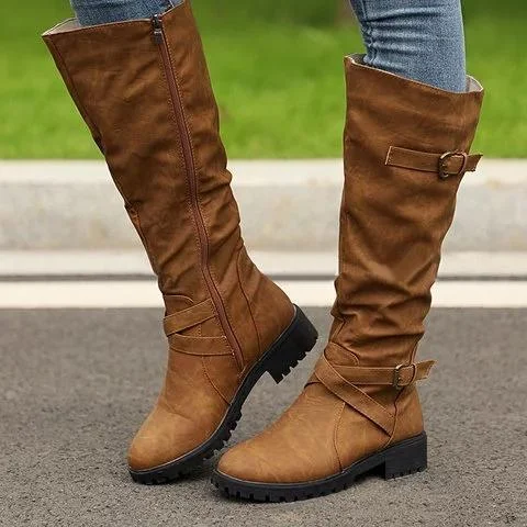 Pu Buckle Low Heel Casual Round Toe Boots