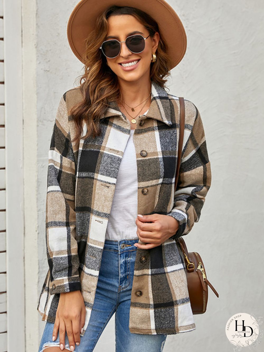 Women Plaid Print Buttoned Shirt Jacket