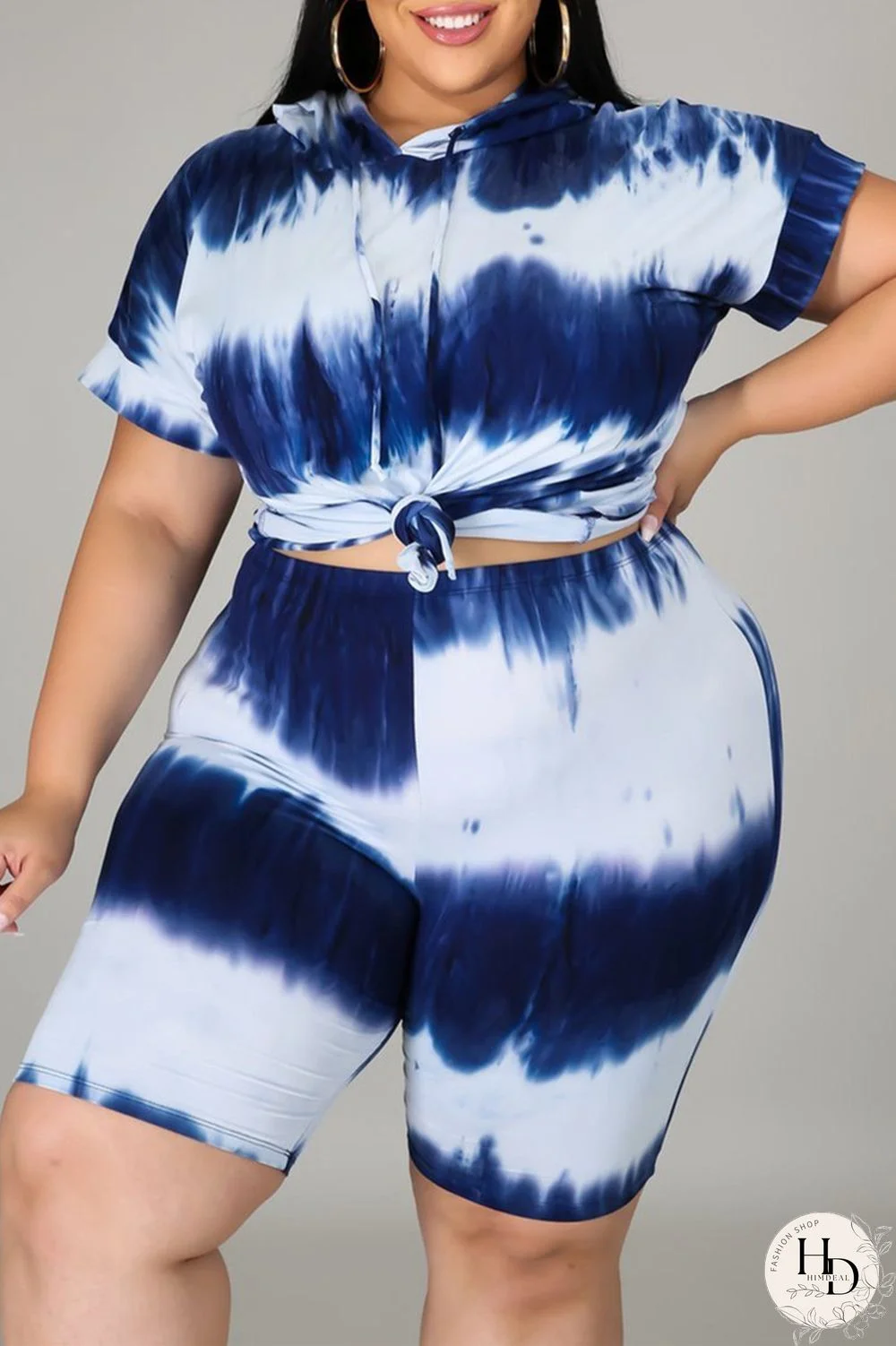 Blue Fashion Casual Print Tie-dye Hooded Collar Plus Size Two Pieces
