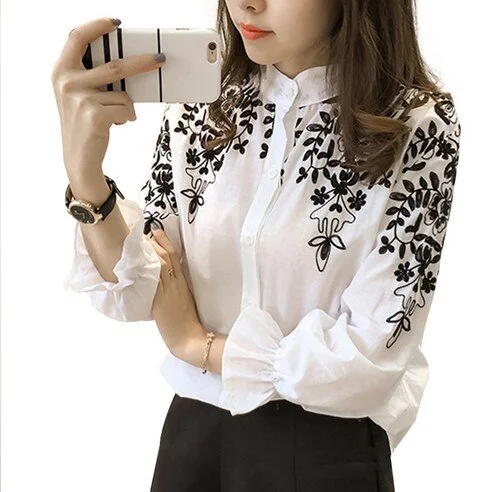 Spring New Fashion Female Clothing Embroidery Blouse Shirt Cotton Korean Flower Embroidered Tops Korean Style Fresh Shirt 529E