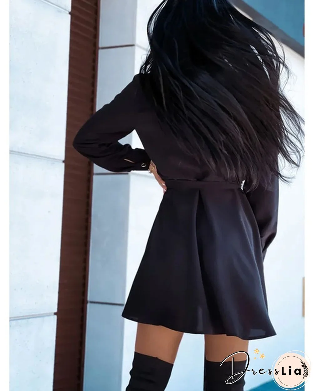 Turn-down Collar Long Sleeves Buttons Shirt Dress Women Fashion Collect Waist A Line Dress Elegant Ladies Dresses