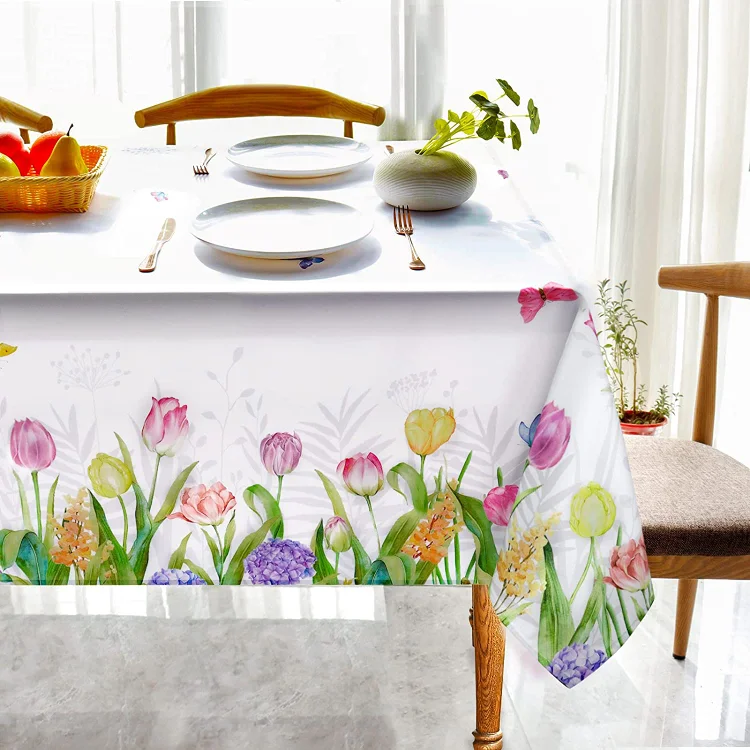 Spring Floral Botanical Border Rectangle Tablecloth Holiday Party Decoration Washable Fabric Tablecloth for Dinner Kitchen Decor