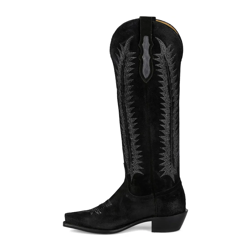Black Snip Toe Chunky Heel Cowgirl Tall Boots with Embroidery