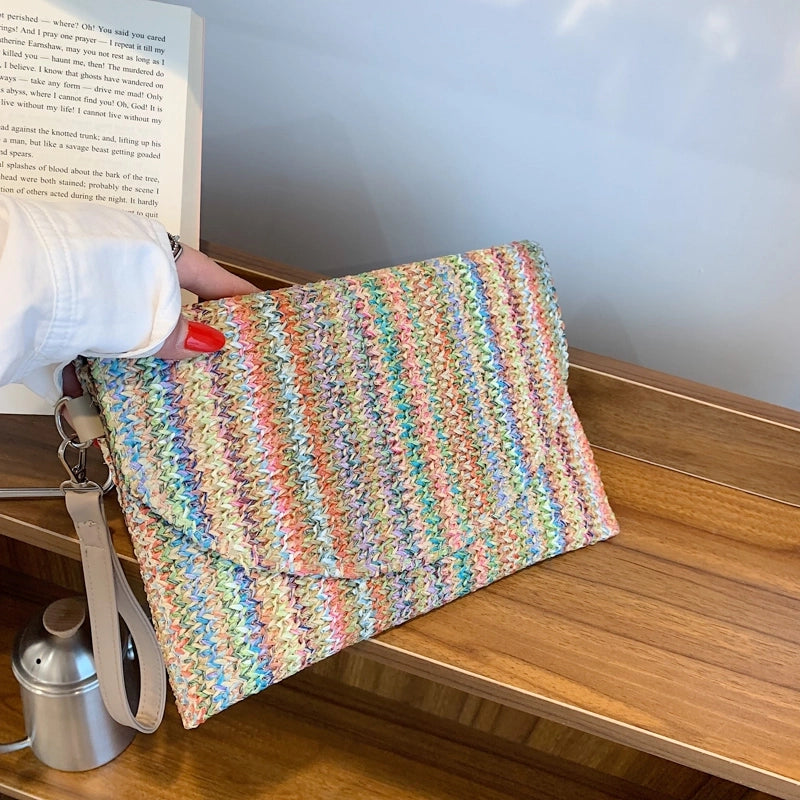 Women’s Medium Straw Stripe Vacation Beach Flip Cover Crossbody Bag