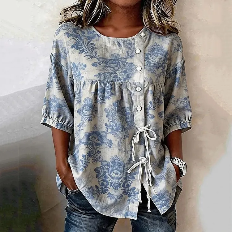 Vintage Orchid Art Print Casual Cotton And Linen Shirt