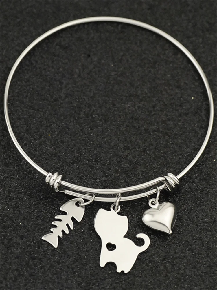 Lovely Cat & Fishbone & Heart Pendant Bracelet
