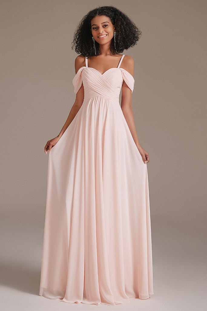 Rosa lang Spaghetti-Träger Chiffon Brautjungfernkleid BD0001 Lunass