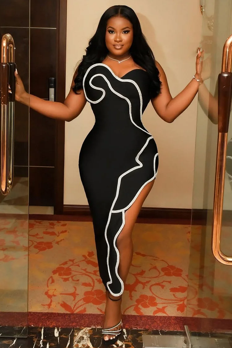 Colorblock Trim Irregular Hem Party Maxi Tube Dresses-Black [Pre Order]