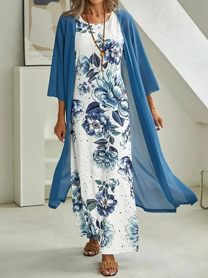 Women's Fashionable And Elegant Round Neck Short-Sleeved Floral Print Dress Two-Piece Set