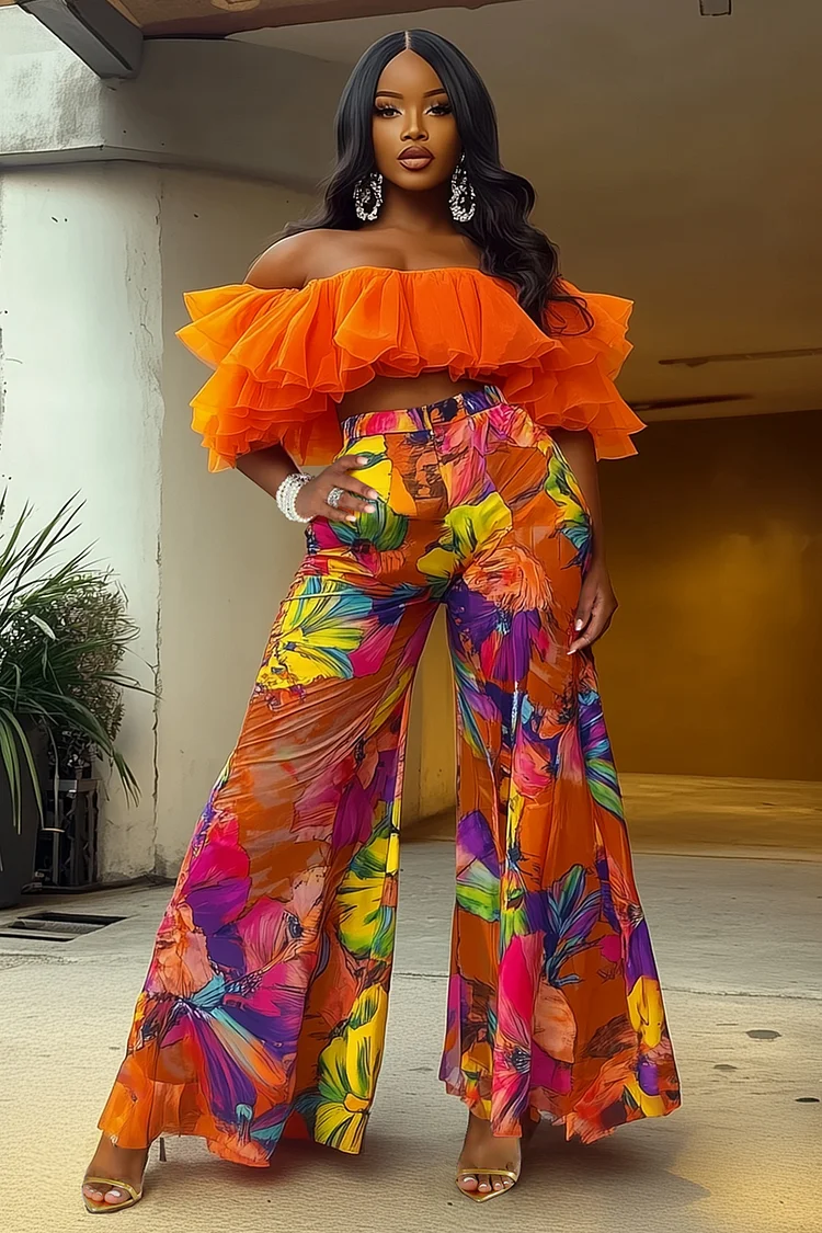 Ruffle Crop Top Floral Print Wide Leg Pants 2pcs Set-Orange [Pre Order]
