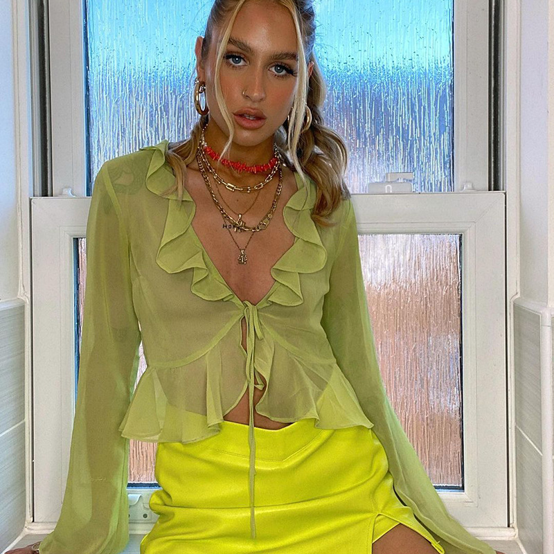 Ootddress Fashion Boho Ruffle Blouse See-Through Lace V-Neck Tops For Women Long Sleeve Summer Shirt Party Beach Cropped Top 2025