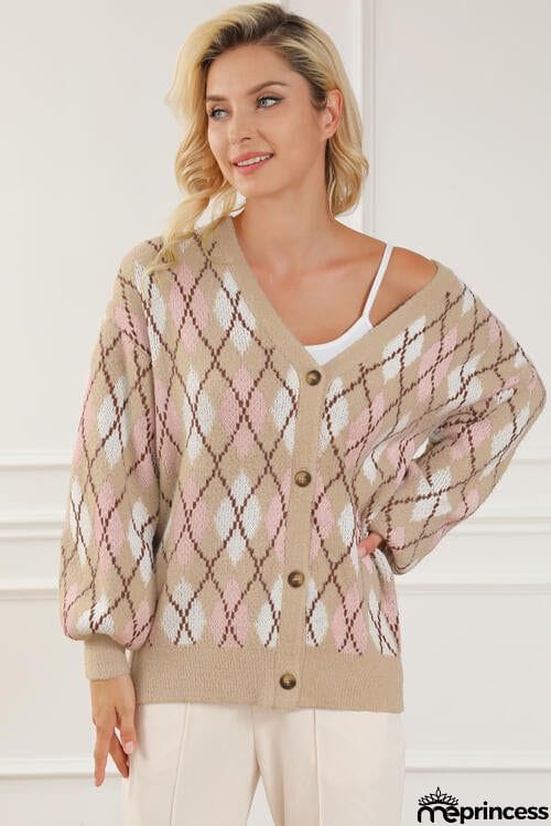 Button Up Geometric Dropped Shoulder Cardigan