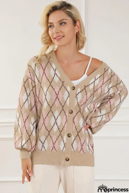 Button Up Geometric Dropped Shoulder Cardigan