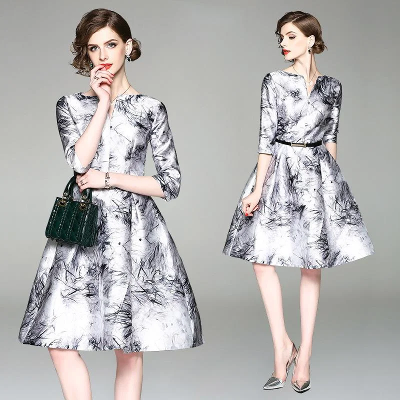 A-line satin print dress with belt