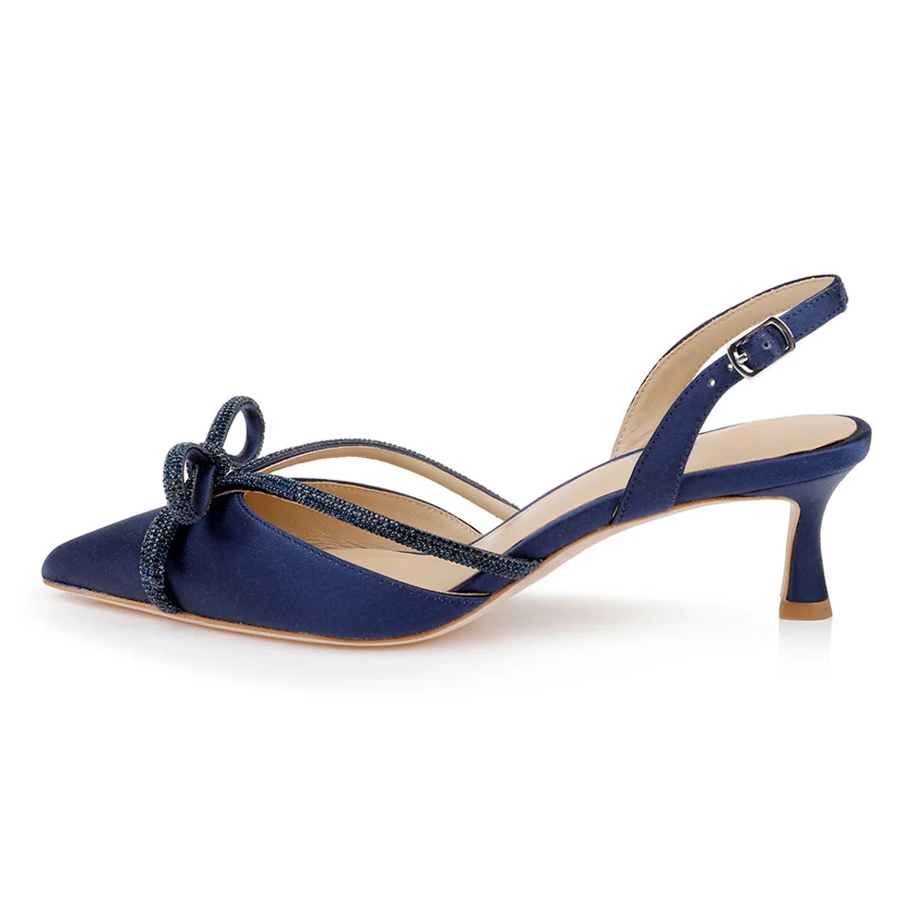 YDN Navy Satin Kitten Heel Rhinestone Bow Slingback Pumps