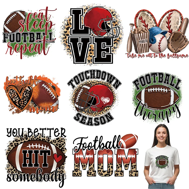 8 Sheet Heat Transfer Vinyl Patch Stickers for T-Shirt (B American Football)