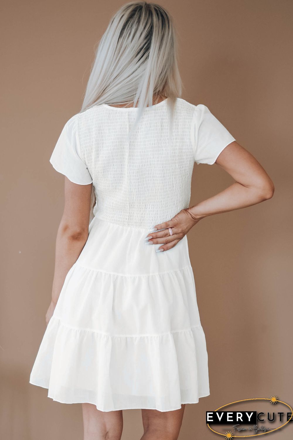 White Solid Smocked Short Sleeve V Neck Mini Dress