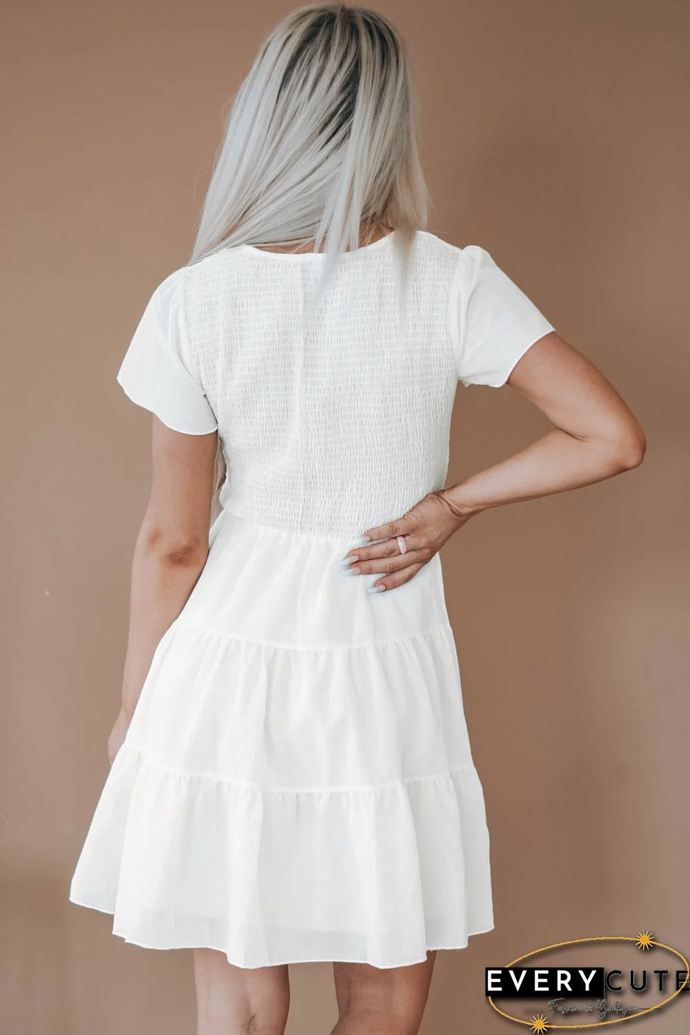 White Solid Smocked Short Sleeve V Neck Mini Dress