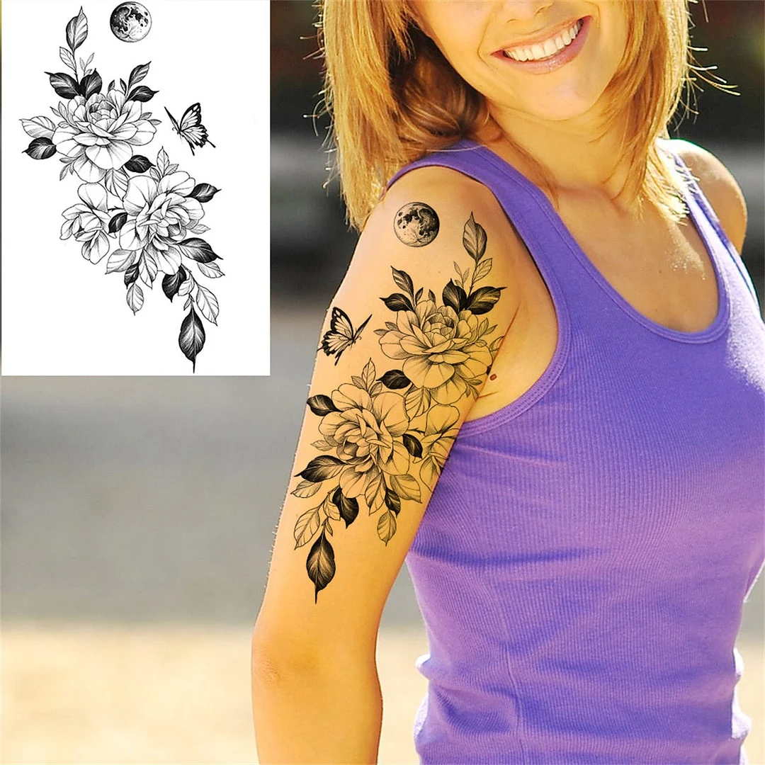 Butterfly Flower Temporary Tattoos For Women Girls Black 3D Rose Tattoo Sticker Triangle Orchid Anemone Fake Tatoos Makeup Tools