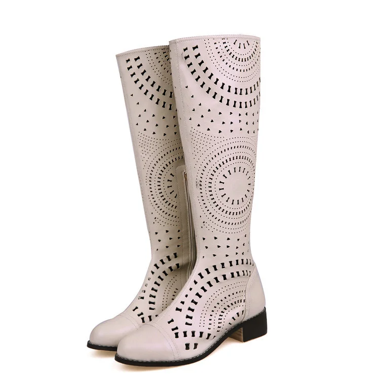 Beige Knee Boots Laser Cut  Round Toe Summer Boots |FSJ Shoes