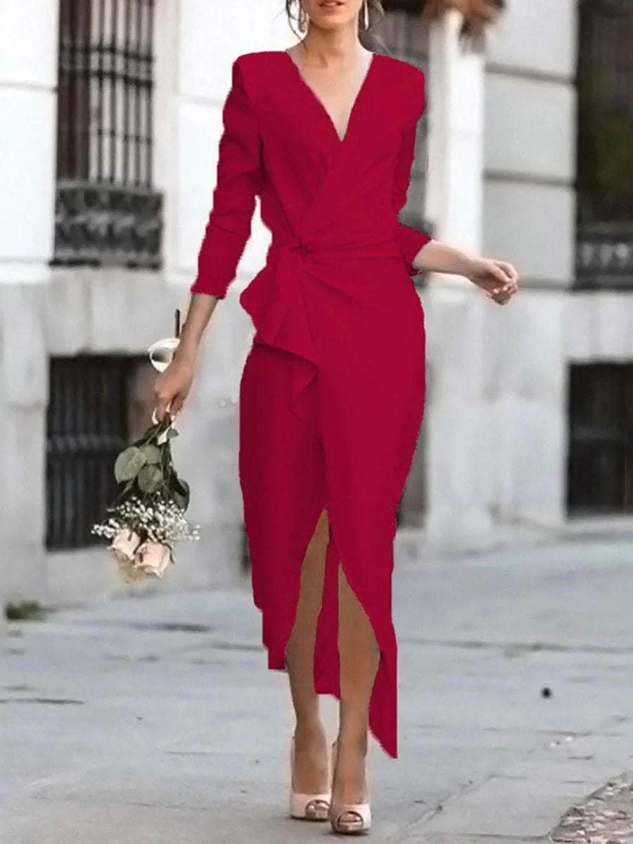 Elegant V-Neck A Long Sleeve Midi Dress