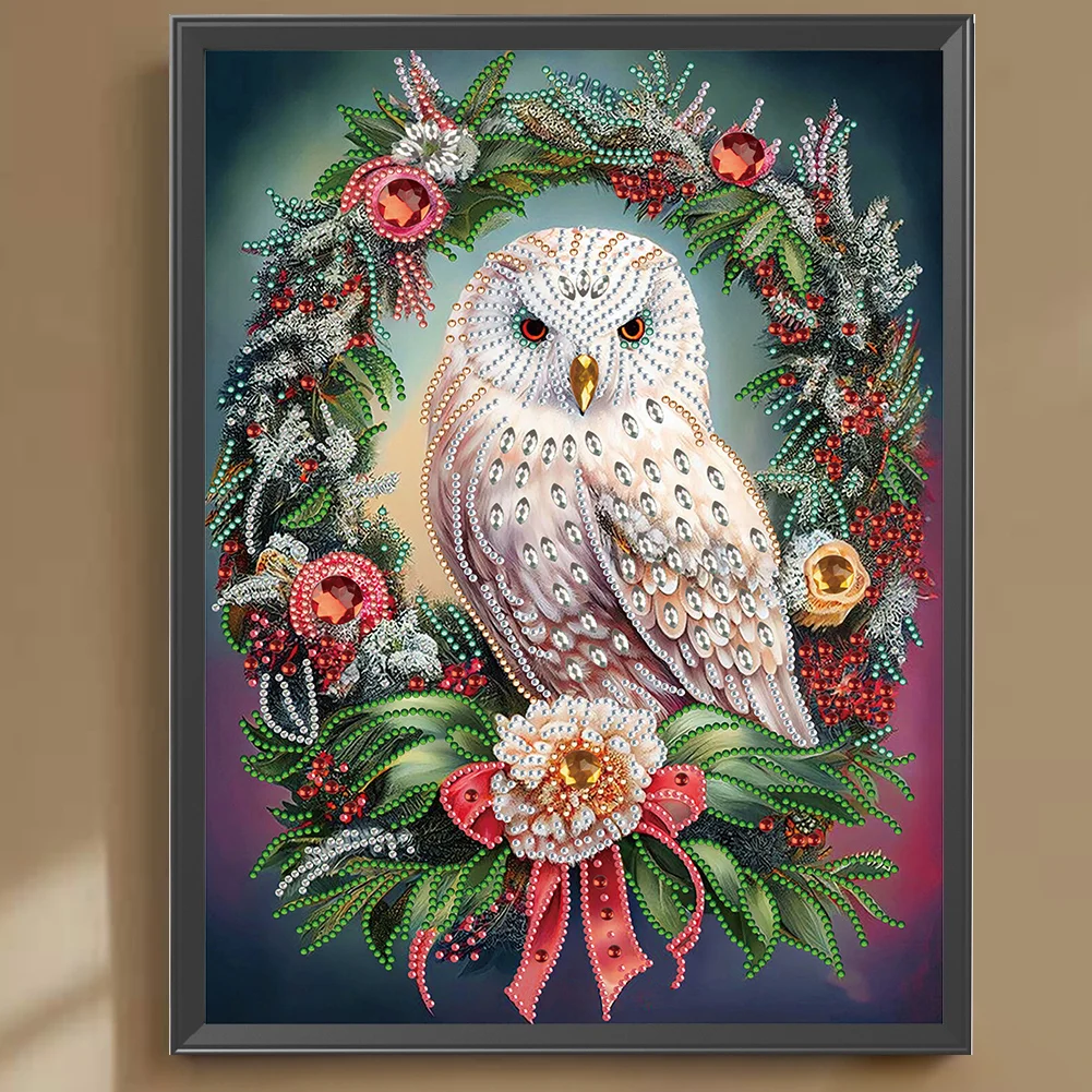Diamond Painting - Partial Special Shaped Drill - Xmas Owl Wreath(Canvas|30*40cm)