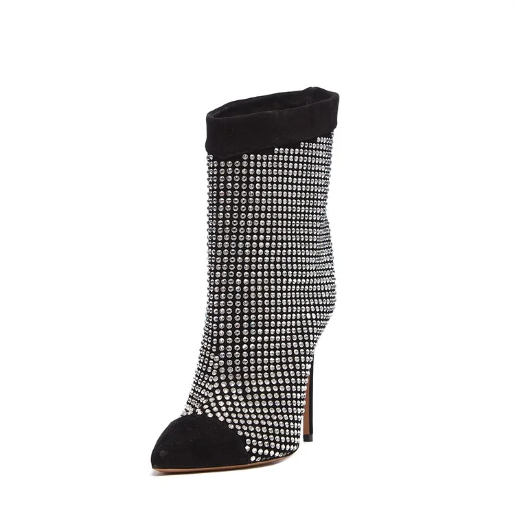 Black Suede Rhinestones Stiletto Heel Mid Calf Boots |FSJ Shoes