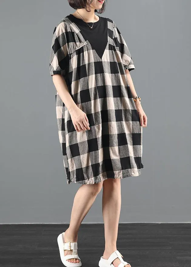 Bohemian o neck patchwork summer clothes linen black plaid Dresses