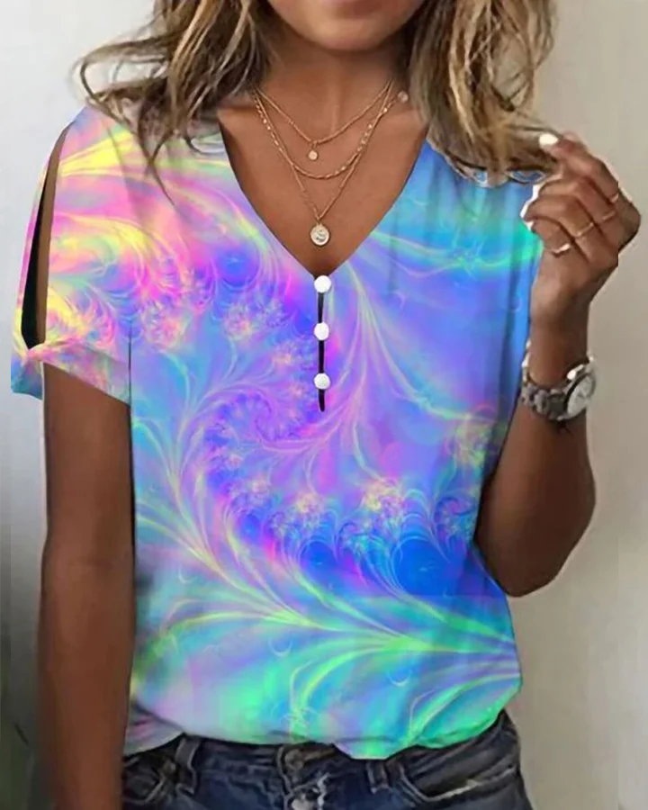 🔥kukelife🔥Gradient Glitter Tie Dye Print V-Neck Button Personalized T-Shirt