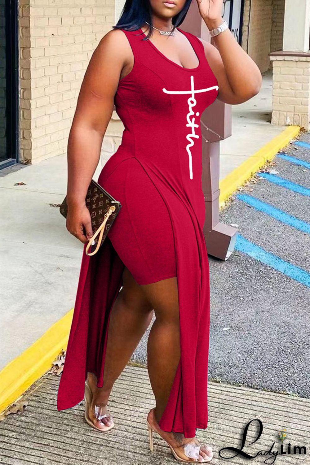 Grey Fashion Sexy Print Slit Vests U Neck Sleeveless Two Pieces