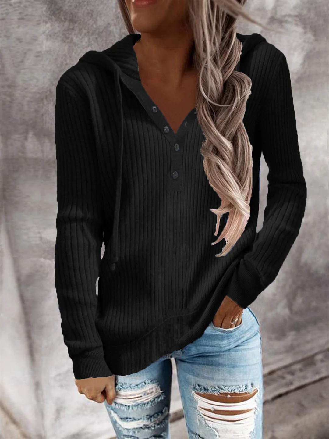 Women plus size clothing Black - Women Long Sleeve V-neck Women Sweatshirts Women Sweaters Tops-Nordswear