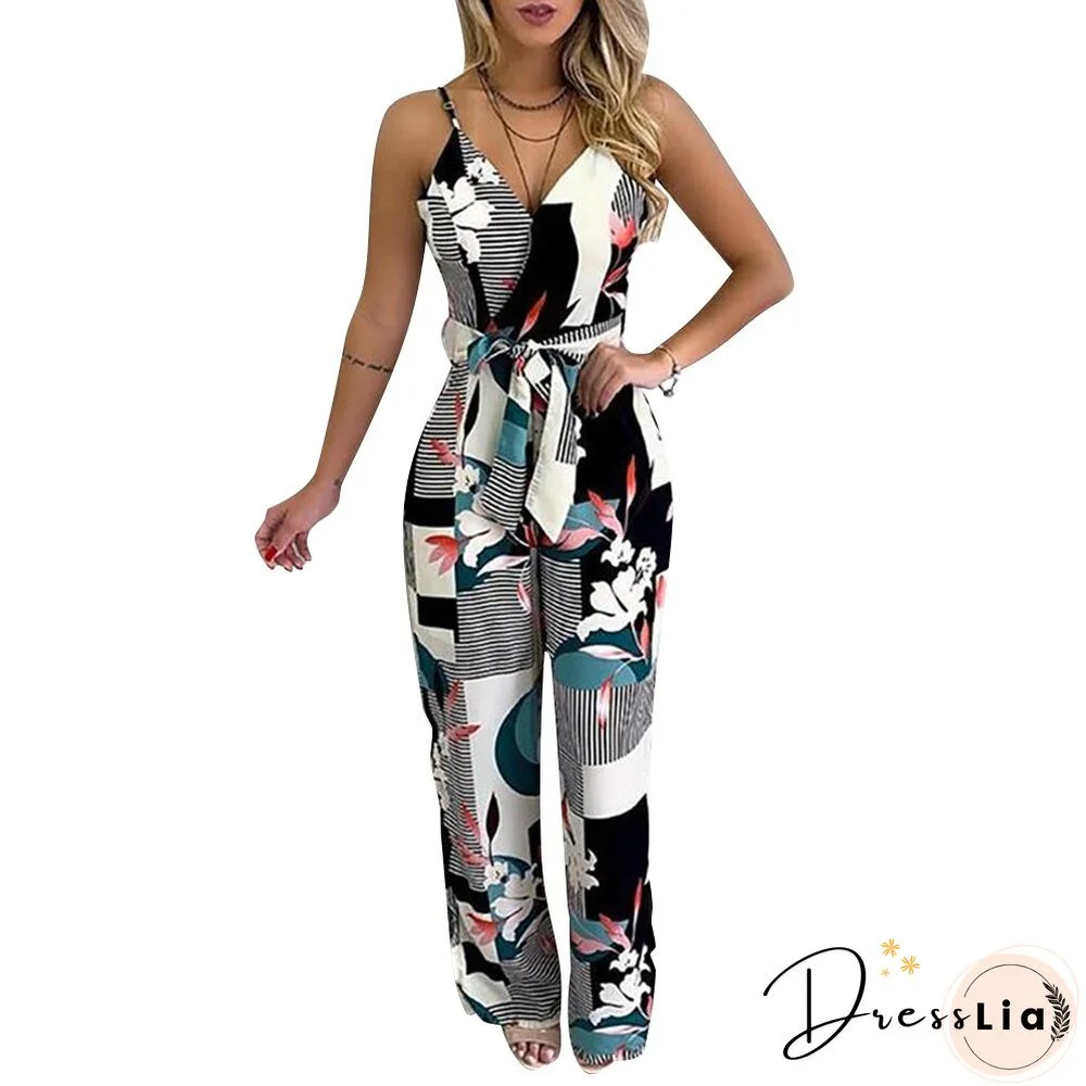 Women Sleeveless Fahion Print Jumpsuits Backless Elegant Office Lady Casual Summer Strap Sexy V Neck Belt Wide Leg Romper D30