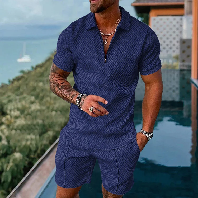 MEN'S SEASIDE CASUAL BLUE PRINTED POLO SUIT