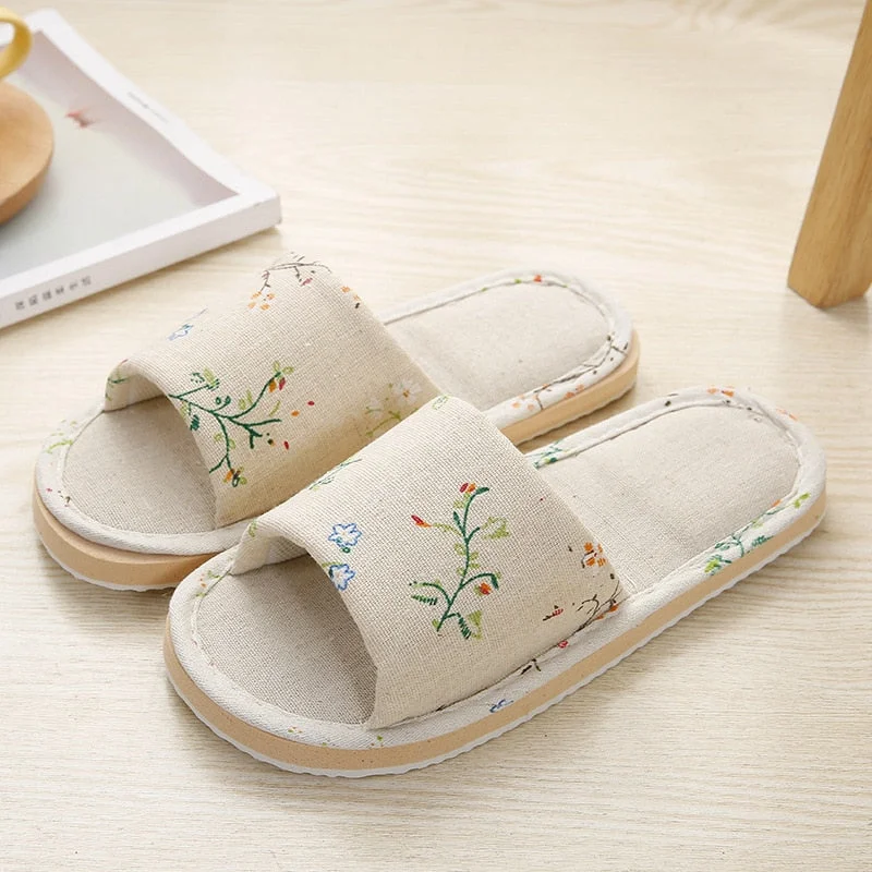 Simple Linen Indoor Home Slippers Casual Floral Flower Household Soft Slippers Spring Autumn Flip Flops Female Linen Slippers