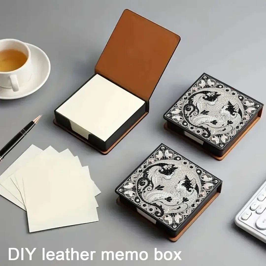 Cat 5D DIY PU Diamond Painting Kit Note Box with 160 Sheets Paper Memo Holder