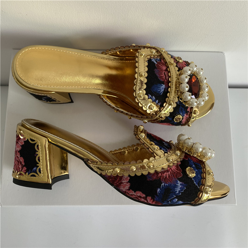 VCSHOES Embroidery Flower Satin Sandals Women Open Toe Beading Pearl Rhinestone Crystal Lazyman Mules