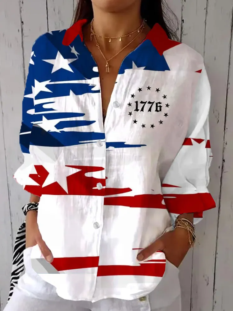 Women's Independence Day Vintage Flag Design Printed Casual Shirt