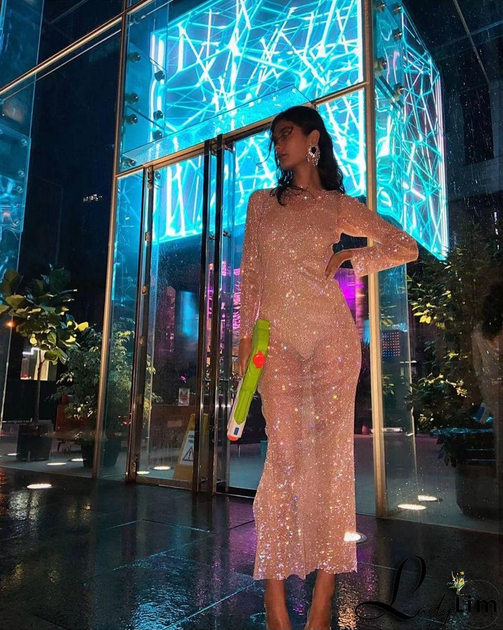 Women's Side Slit Party Night Round Neck Long Sleeve Sparkly Beaded Maxi Dress