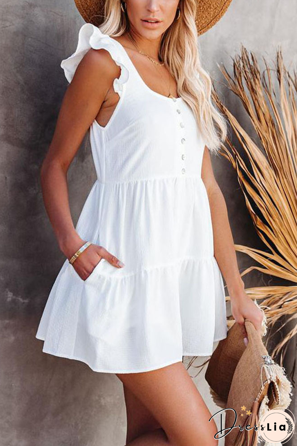 KarliDress Scallop Sleeve Button Casual Loose Romper P12748