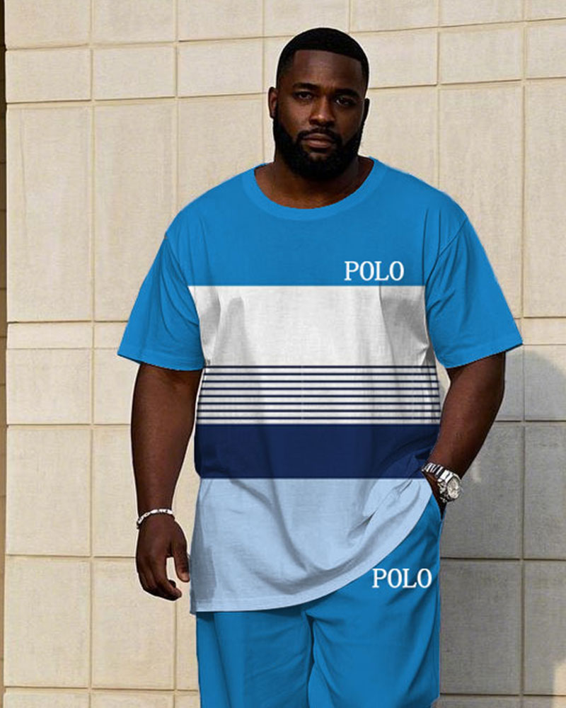 Men's Plus Size Summer Blue & White Striped Chest Small Label Printed Short Sleeve T-Shirt Trousers Suit