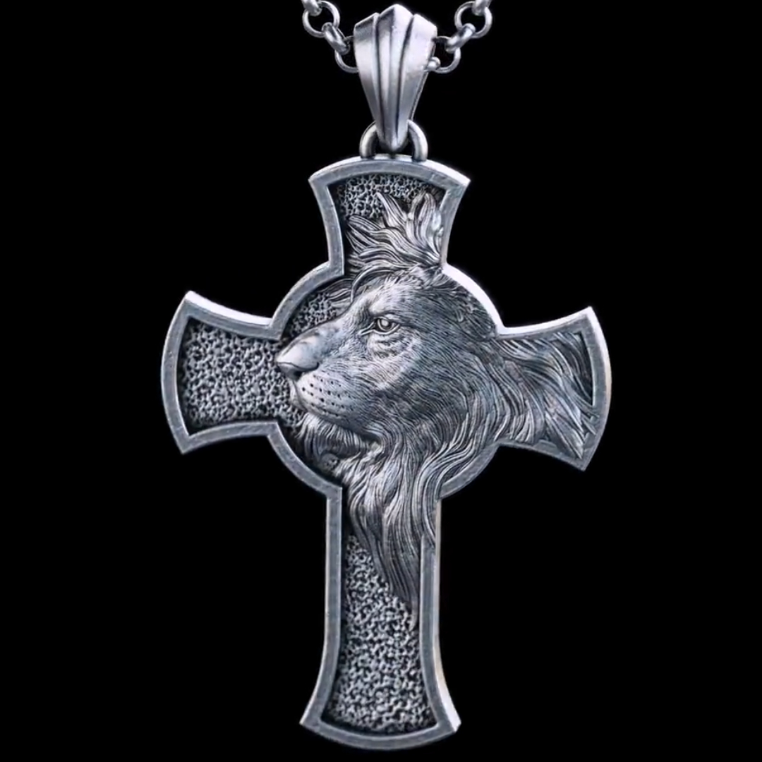 S925K Silver Viking Style Wolf Head Cross Necklace