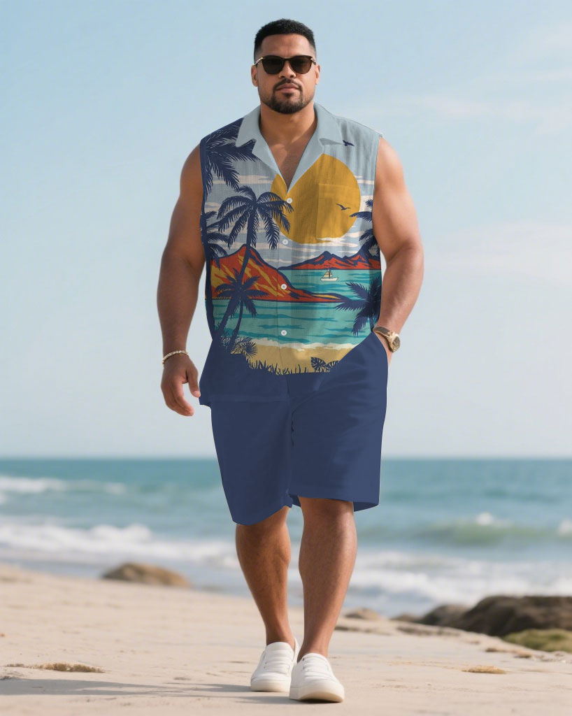 Hawaiian Men's Plus Size-Blue Coconut Sea Print Waistline Shirt Shorts Suit