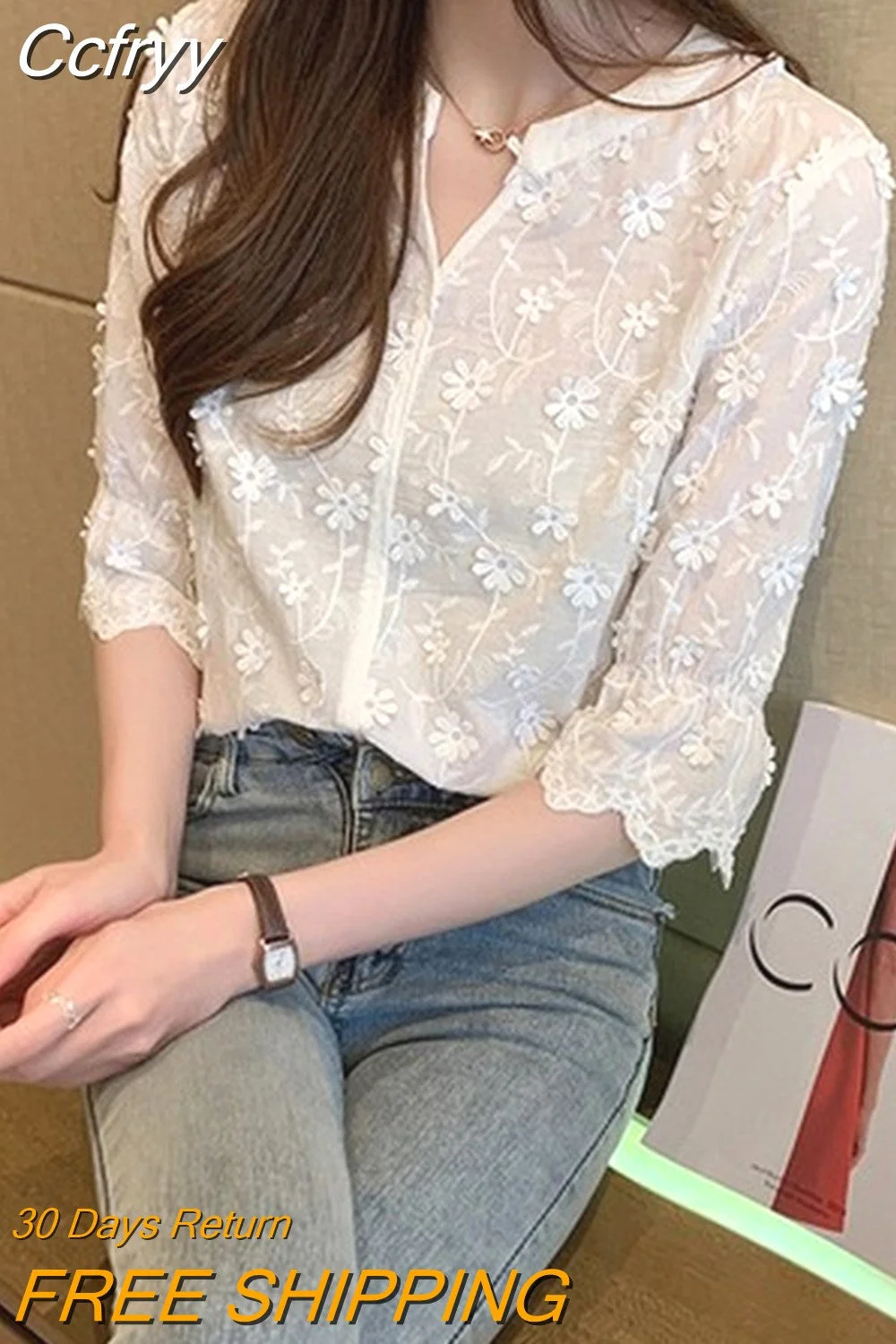 Huibahe Tops Lace Blouses Women Embroidery Floral Cotton White Shirt 2023 Fashion Casual Short Sleeve Women's Shirts Blusas 9638