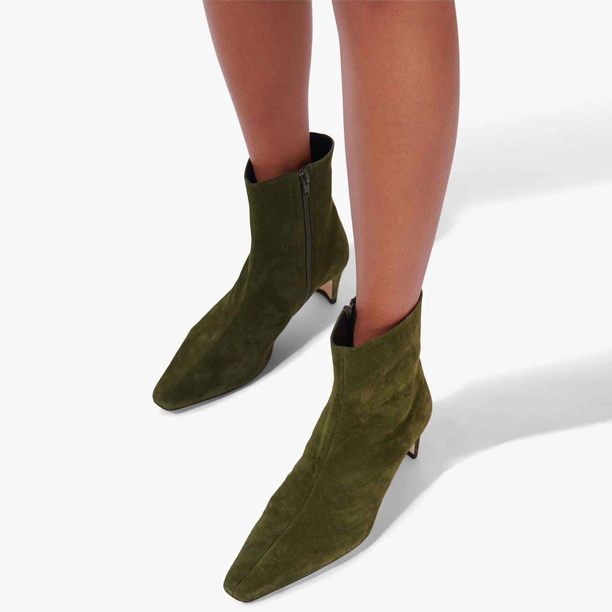 Olive Vegan Suede Square Toe Block Heel Ankle Boots with Side Zipper Nicepairs