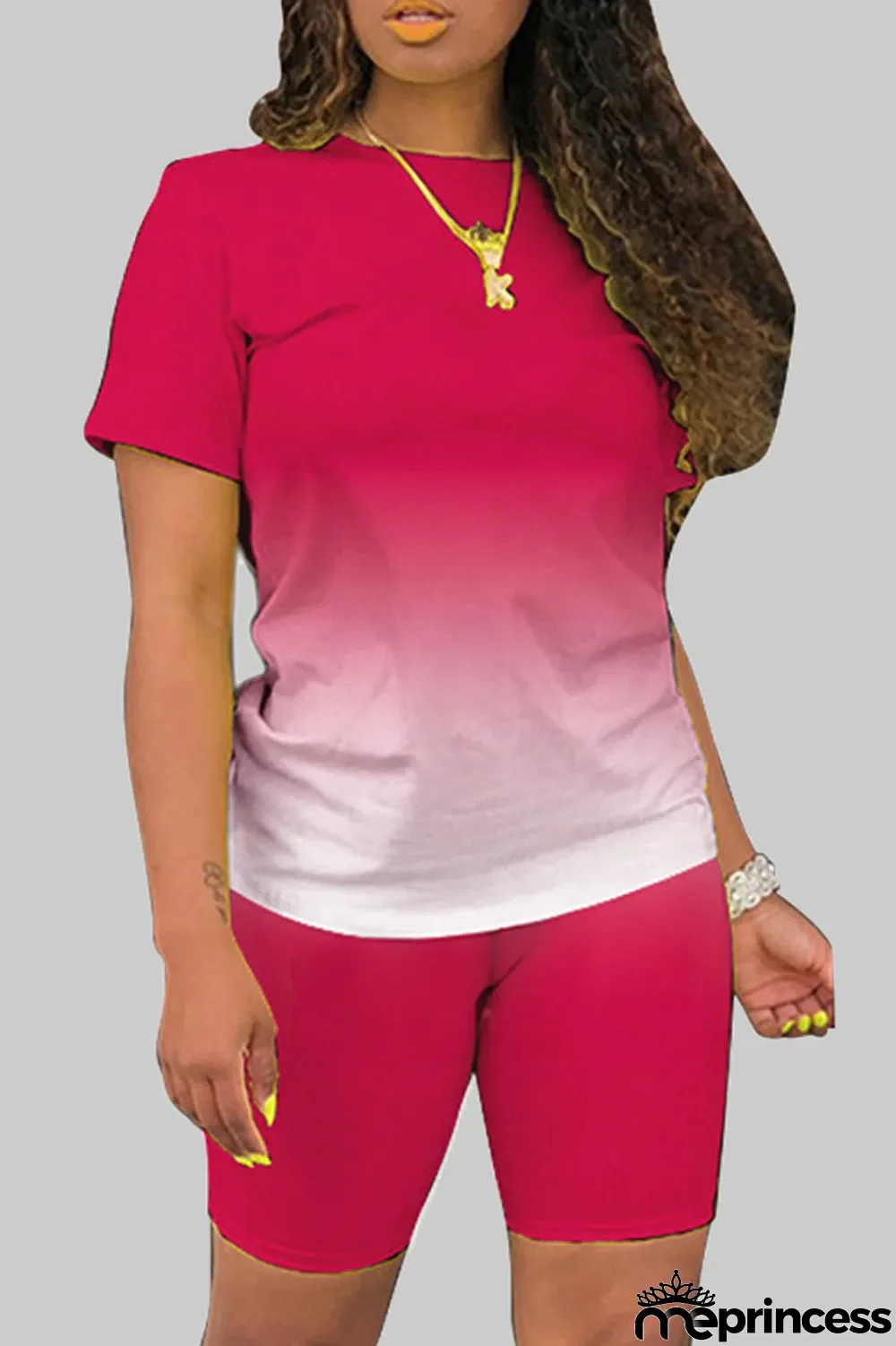 rose red Fashion Casual Gradient Short Sleeve Two Pieces