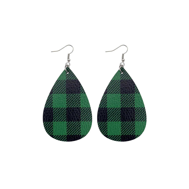 Christmas Casual Dark Green PU Leather Plaid Print Earrings 2024 - Flycurvy 