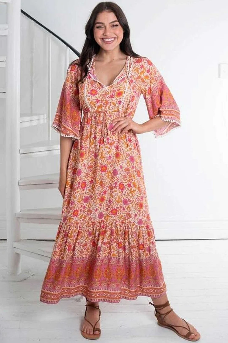 Luditu Midi Dress, Sundress, Kaftan Dress, Indian Flower in Pink