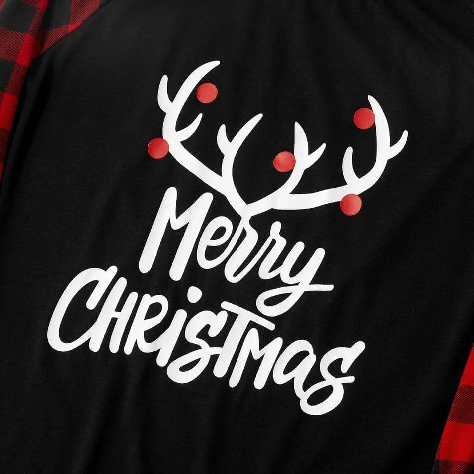 Merry Christmas Antler Contrast top and Plaid Pants Family Matching Pajamas Set(with Pet Dog Clothes)